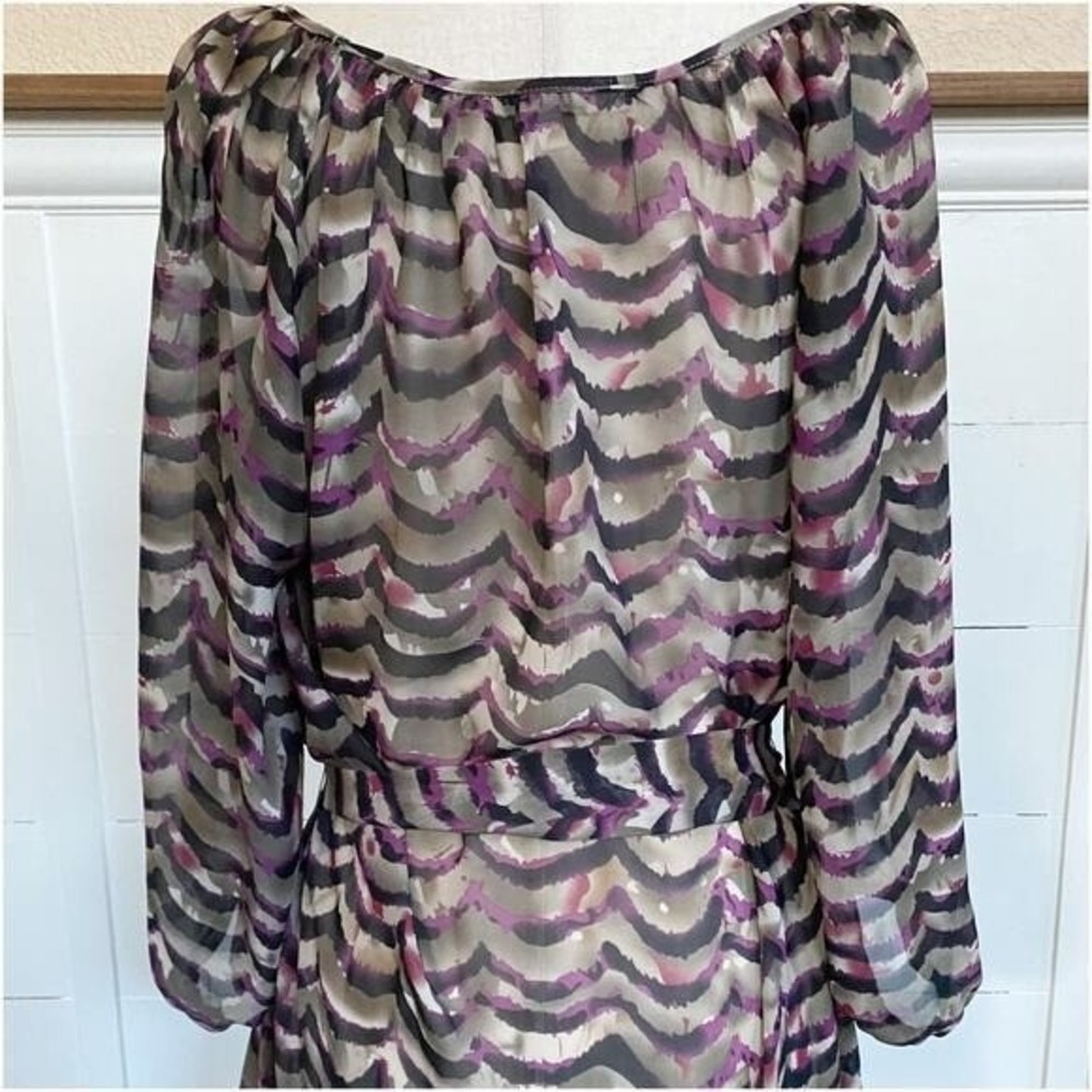 Daniel Rainn Purple Abstract Scallop Wave Sheer Chiffon Tunic Top Belted Medium - Picture 5 of 12